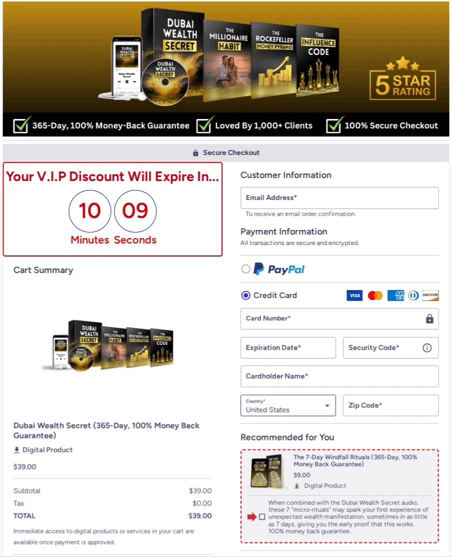 Dubai Wealth Secret checkout page 